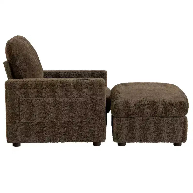 Chaise longue surdimensionnée en fausse fourrure de lapin avec pouf de rangement et accoudoirs, canapé-lit rembourré avec porte-gobelets