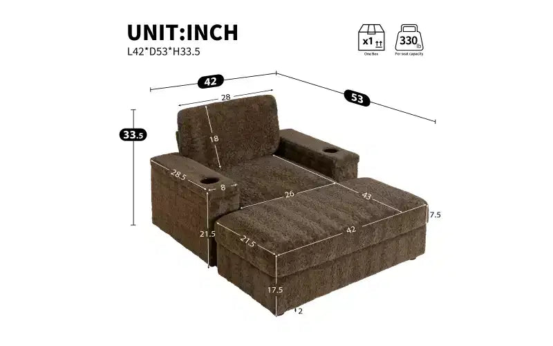 Chaise longue surdimensionnée en fausse fourrure de lapin avec pouf de rangement et accoudoirs, canapé-lit rembourré avec porte-gobelets