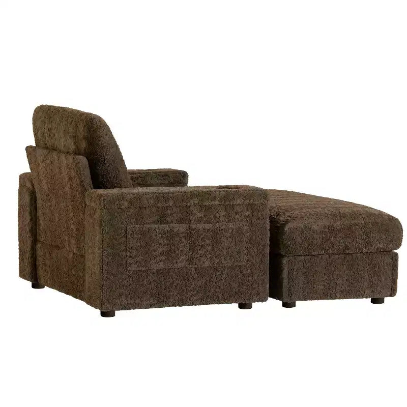 Chaise longue surdimensionnée en fausse fourrure de lapin avec pouf de rangement et accoudoirs, canapé-lit rembourré avec porte-gobelets