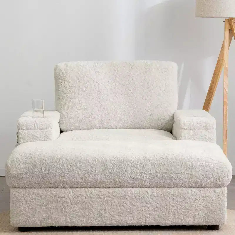 Chaise longue surdimensionnée en fausse fourrure de lapin avec pouf de rangement et accoudoirs, canapé-lit rembourré avec porte-gobelets