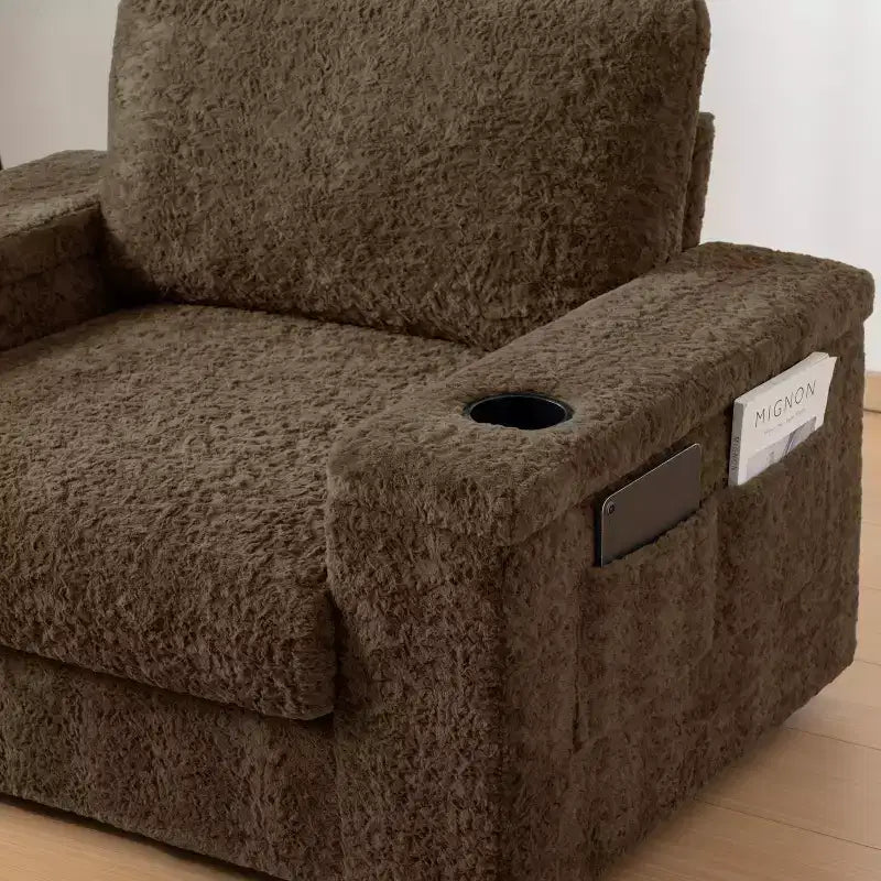 Chaise longue surdimensionnée en fausse fourrure de lapin avec pouf de rangement et accoudoirs, canapé-lit rembourré avec porte-gobelets
