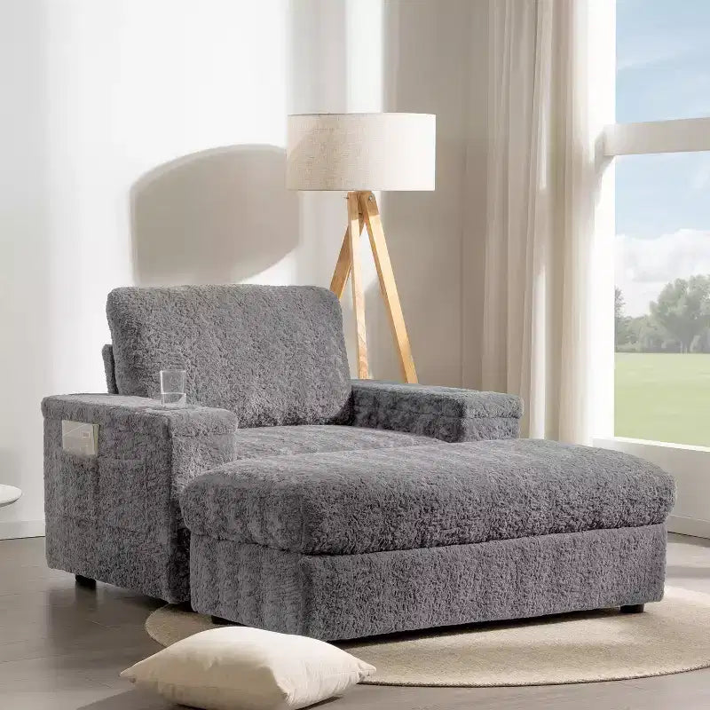 Chaise longue surdimensionnée en fausse fourrure de lapin avec pouf de rangement et accoudoirs, canapé-lit rembourré avec porte-gobelets