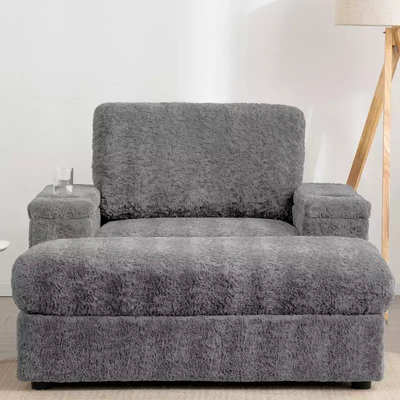 Chaise longue surdimensionnée en fausse fourrure de lapin avec pouf de rangement et accoudoirs, canapé-lit rembourré avec porte-gobelets