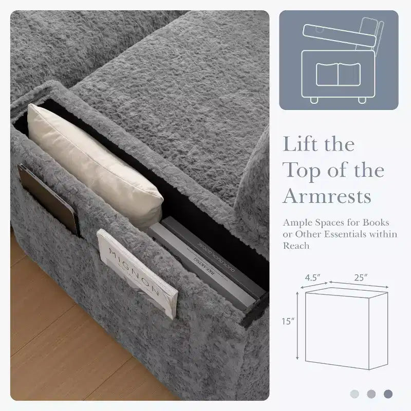 Chaise longue surdimensionnée en fausse fourrure de lapin avec pouf de rangement et accoudoirs, canapé-lit rembourré avec porte-gobelets