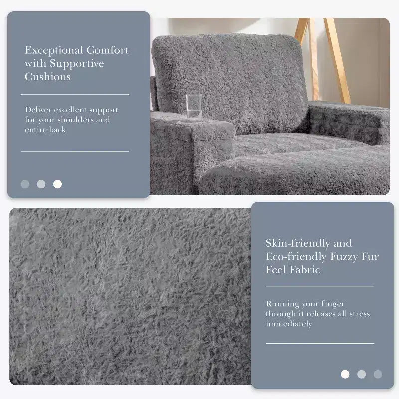 Chaise longue surdimensionnée en fausse fourrure de lapin avec pouf de rangement et accoudoirs, canapé-lit rembourré avec porte-gobelets