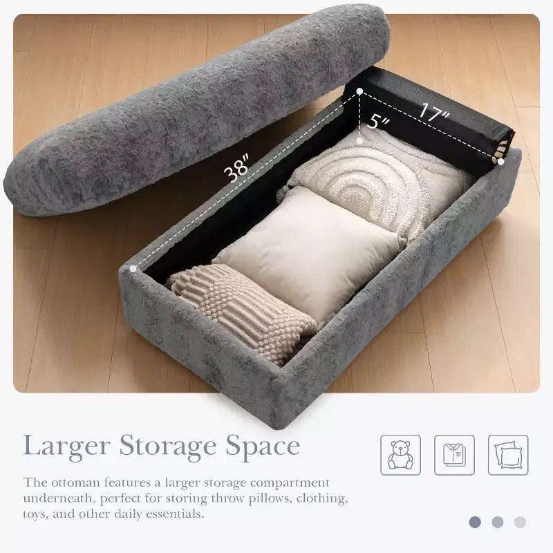 Chaise longue surdimensionnée en fausse fourrure de lapin avec pouf de rangement et accoudoirs, canapé-lit rembourré avec porte-gobelets