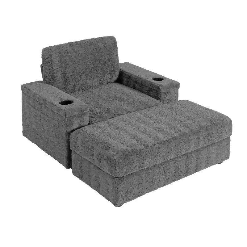 Chaise longue surdimensionnée en fausse fourrure de lapin avec pouf de rangement et accoudoirs, canapé-lit rembourré avec porte-gobelets