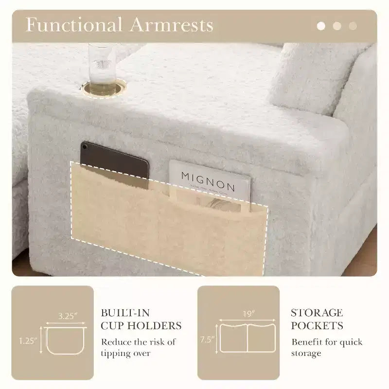 Chaise longue surdimensionnée en fausse fourrure de lapin avec pouf de rangement et accoudoirs, canapé-lit rembourré avec porte-gobelets