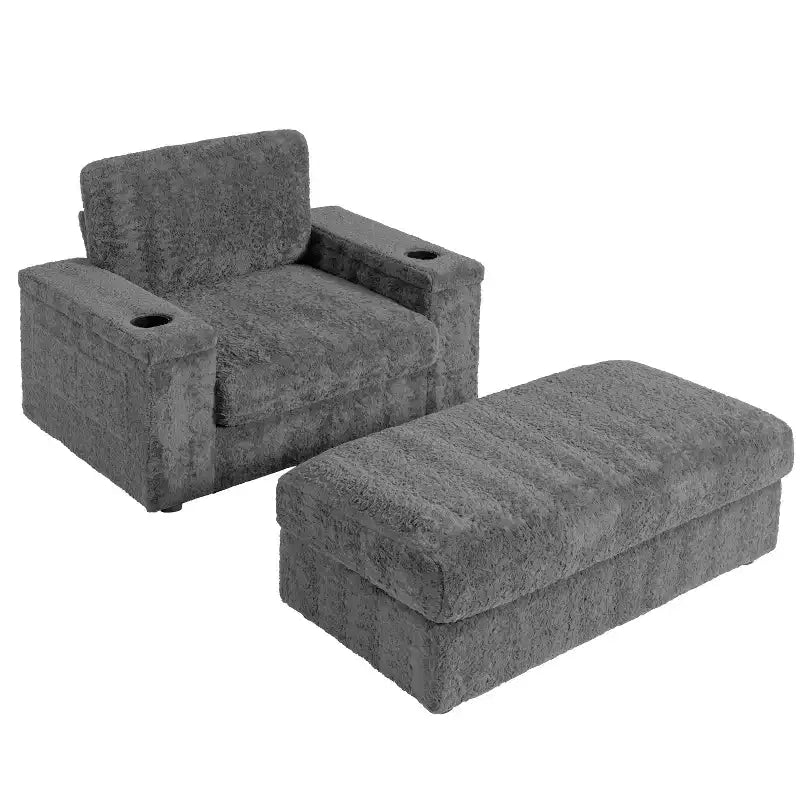 Chaise longue surdimensionnée en fausse fourrure de lapin avec pouf de rangement et accoudoirs, canapé-lit rembourré avec porte-gobelets