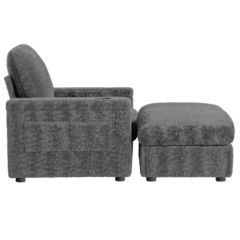 Chaise longue surdimensionnée en fausse fourrure de lapin avec pouf de rangement et accoudoirs, canapé-lit rembourré avec porte-gobelets