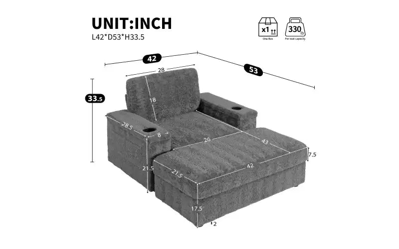 Chaise longue surdimensionnée en fausse fourrure de lapin avec pouf de rangement et accoudoirs, canapé-lit rembourré avec porte-gobelets