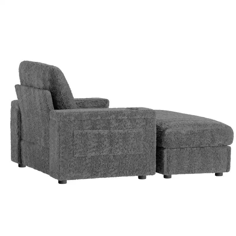 Chaise longue surdimensionnée en fausse fourrure de lapin avec pouf de rangement et accoudoirs, canapé-lit rembourré avec porte-gobelets