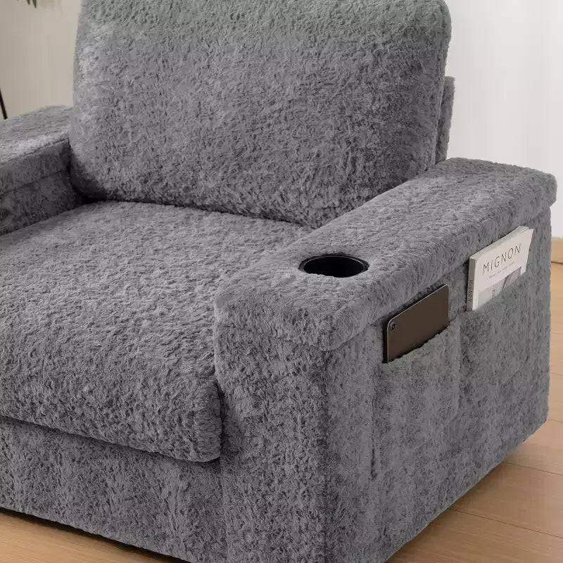 Chaise longue surdimensionnée en fausse fourrure de lapin avec pouf de rangement et accoudoirs, canapé-lit rembourré avec porte-gobelets