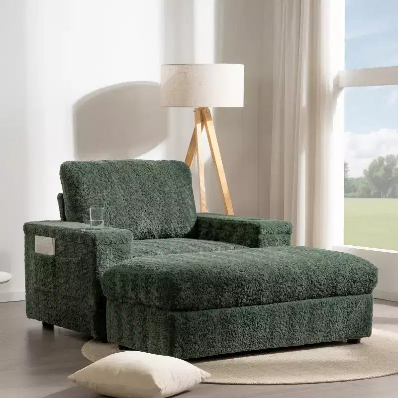 Chaise longue surdimensionnée en fausse fourrure de lapin avec pouf de rangement et accoudoirs, canapé-lit rembourré avec porte-gobelets