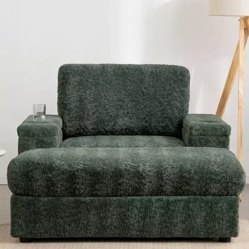 Chaise longue surdimensionnée en fausse fourrure de lapin avec pouf de rangement et accoudoirs, canapé-lit rembourré avec porte-gobelets