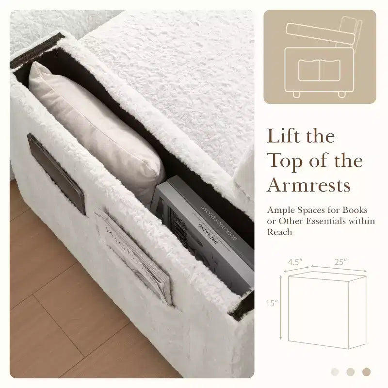 Chaise longue surdimensionnée en fausse fourrure de lapin avec pouf de rangement et accoudoirs, canapé-lit rembourré avec porte-gobelets