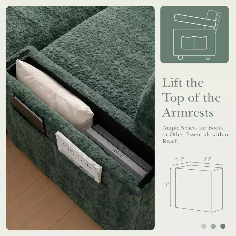 Chaise longue surdimensionnée en fausse fourrure de lapin avec pouf de rangement et accoudoirs, canapé-lit rembourré avec porte-gobelets