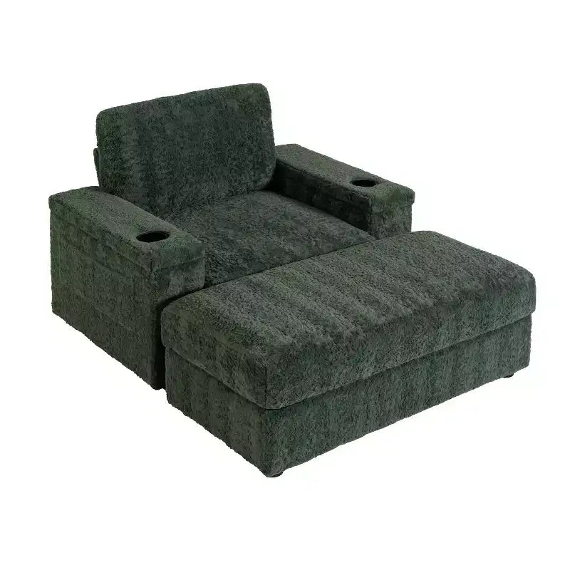 Chaise longue surdimensionnée en fausse fourrure de lapin avec pouf de rangement et accoudoirs, canapé-lit rembourré avec porte-gobelets