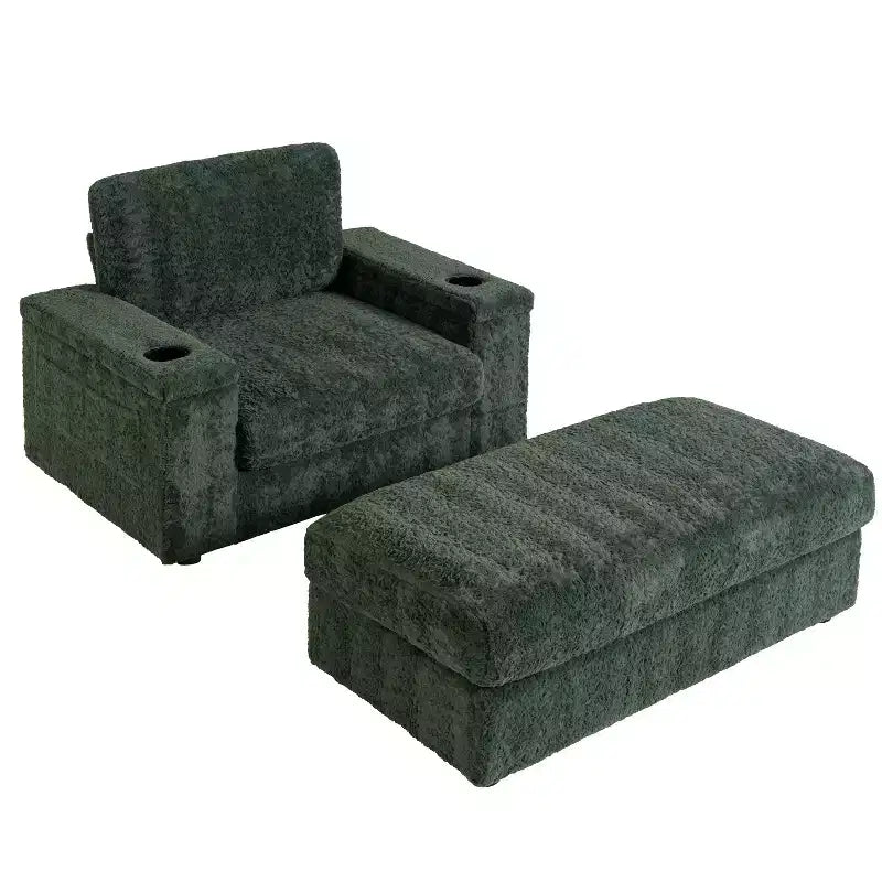 Chaise longue surdimensionnée en fausse fourrure de lapin avec pouf de rangement et accoudoirs, canapé-lit rembourré avec porte-gobelets