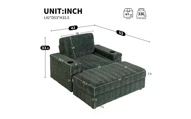 Chaise longue surdimensionnée en fausse fourrure de lapin avec pouf de rangement et accoudoirs, canapé-lit rembourré avec porte-gobelets