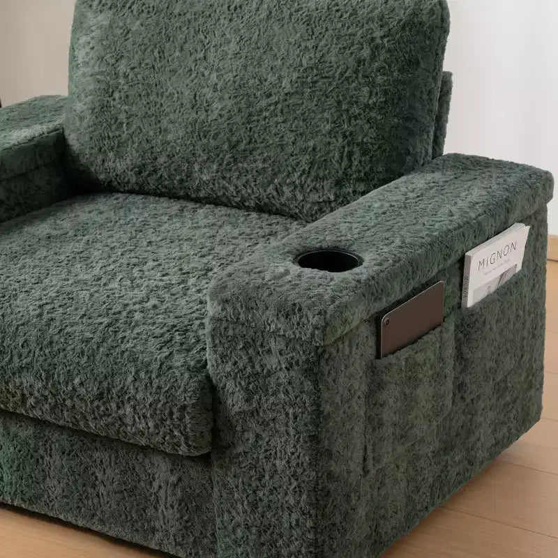 Chaise longue surdimensionnée en fausse fourrure de lapin avec pouf de rangement et accoudoirs, canapé-lit rembourré avec porte-gobelets