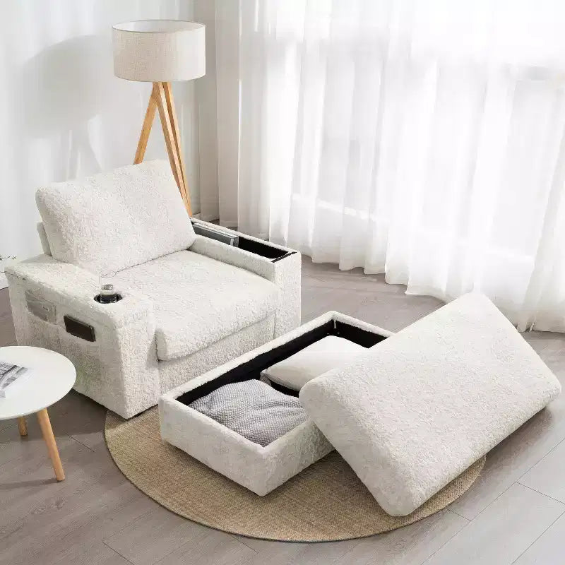 Whisen Oversized Faux Rabbit Fur Chaise Lounge with Storage Ottoman and Armrests, Upholstered Sleeper Sofa Bed with Cup Holders