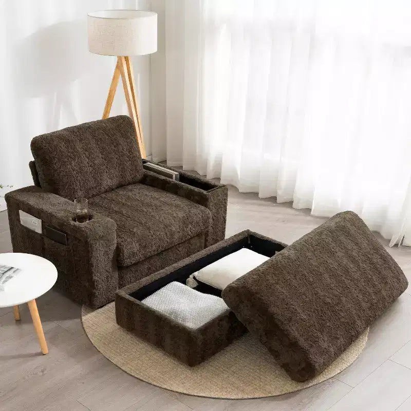 Chaise longue surdimensionnée en fausse fourrure de lapin avec pouf de rangement et accoudoirs, canapé-lit rembourré avec porte-gobelets