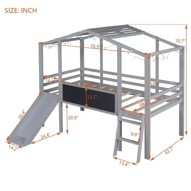 Lit mezzanine superposé simple avec toboggan et échelle, 78,9 L x 72,7 l, avec tableau noir et bande lumineuse sur le toit