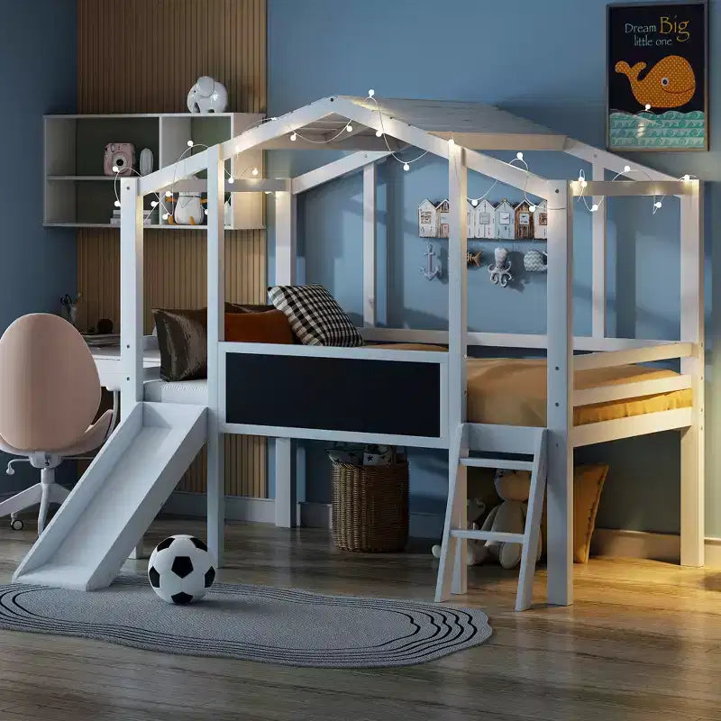 Lit mezzanine superposé simple avec toboggan et échelle, 78,9 L x 72,7 l, avec tableau noir et bande lumineuse sur le toit