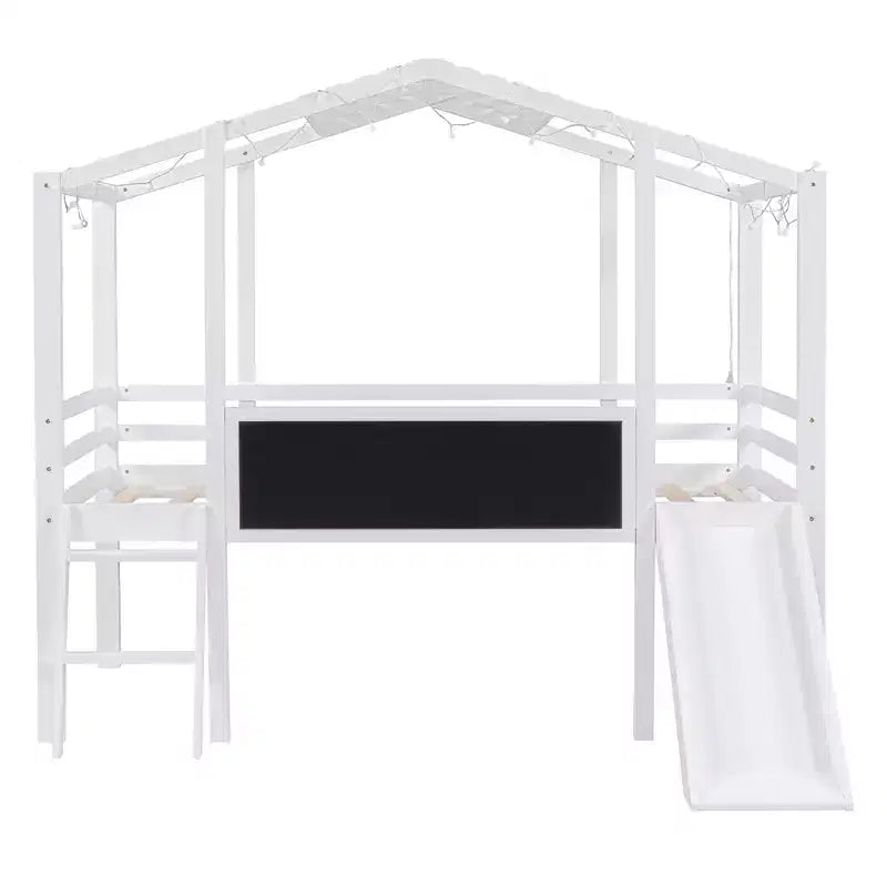 Lit mezzanine superposé simple avec toboggan et échelle, 78,9 L x 72,7 l, avec tableau noir et bande lumineuse sur le toit