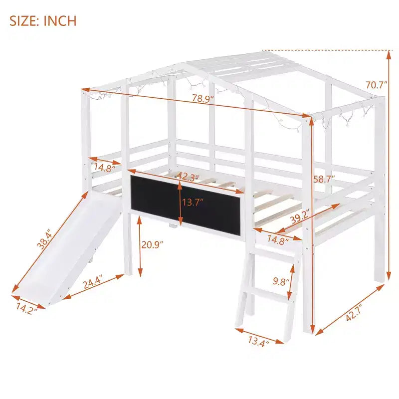 Lit mezzanine superposé simple avec toboggan et échelle, 78,9 L x 72,7 l, avec tableau noir et bande lumineuse sur le toit