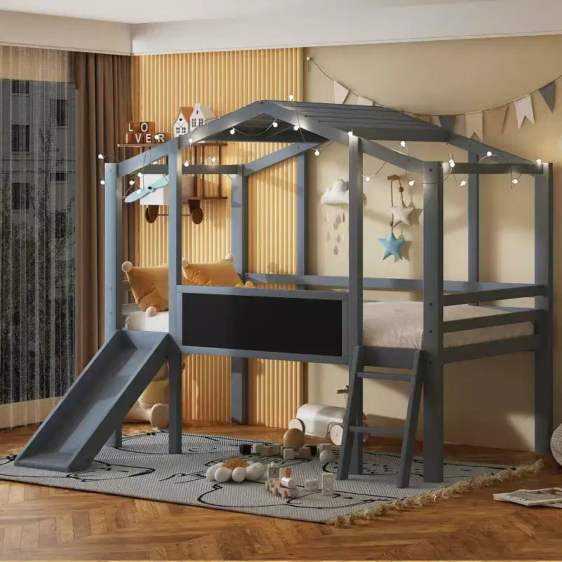 Lit mezzanine superposé simple avec toboggan et échelle, 78,9 L x 72,7 l, avec tableau noir et bande lumineuse sur le toit