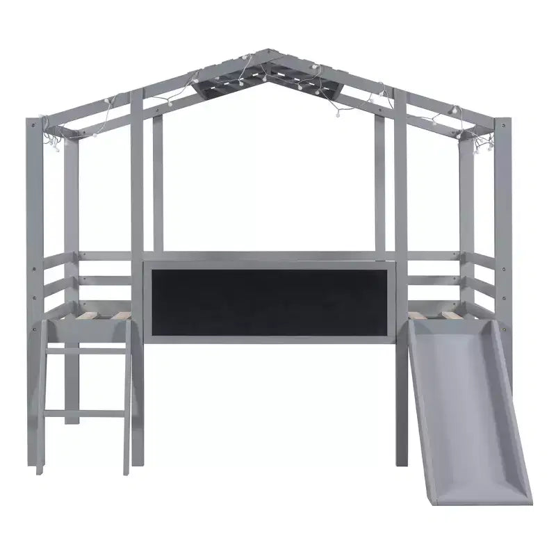 Lit mezzanine superposé simple avec toboggan et échelle, 78,9 L x 72,7 l, avec tableau noir et bande lumineuse sur le toit