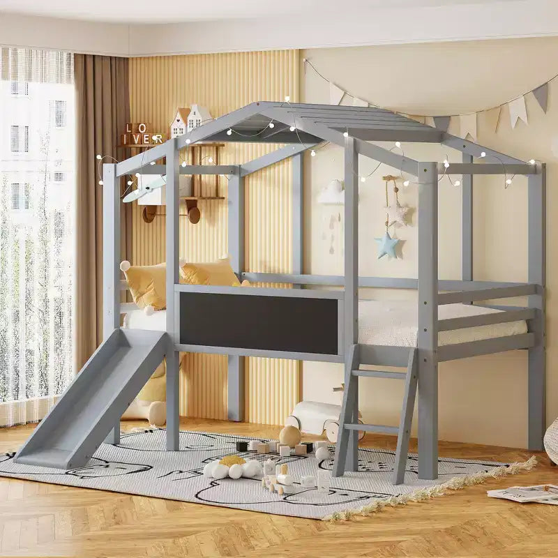 Whisen 78.9L x 72.7W Playhouse Twin Size Loft Bed with Ladder and Slide, with Blackboard and Light Strip on the Roof