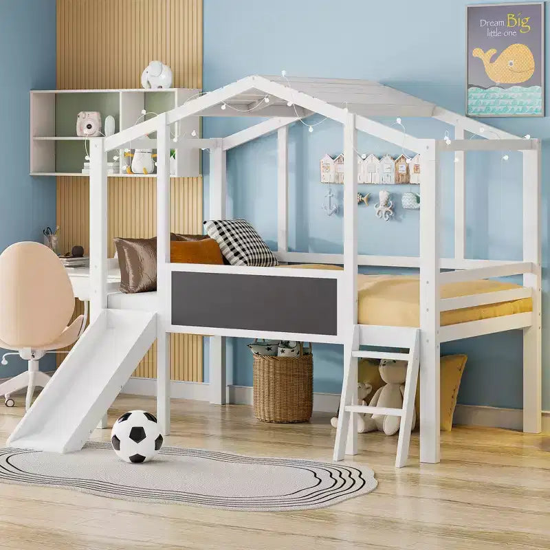 Lit mezzanine superposé simple avec toboggan et échelle, 78,9 L x 72,7 l, avec tableau noir et bande lumineuse sur le toit