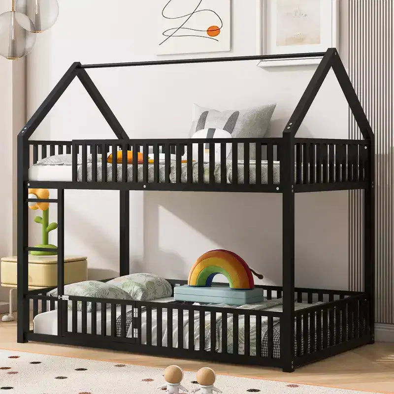 Twin over Twin Size Bunk Bed with Fence and Door, Metal House Bed Frame - ModernLuxe
