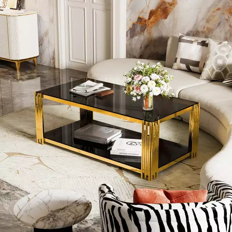 Table basse en verre, table d'appoint pour canapé, table d'appoint, ensemble de tables d'appoint, table basse avec cadre en métal doré, ronde/carrée/rectangulaire - ModernLuxe