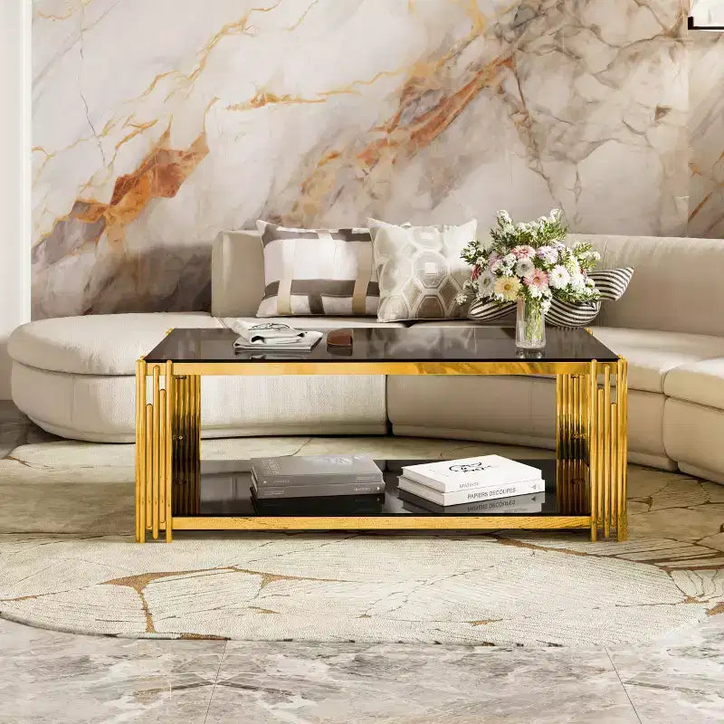 Glass Coffee Table Center Table Sofa Side Table Accent Table Set End Table Cocktail Table with Gold Metal Frame, Round/Square/Rectangle - ModernLuxe