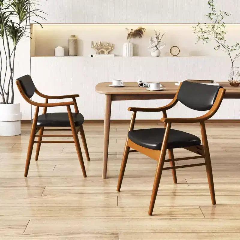 Lot de 2 chaises de salle à manger en cuir avec assise et dossier rembourrés, accoudoirs, structure en bois d'hévéa Noir/Marron