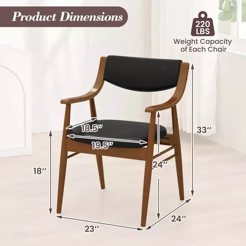 Lot de 2 chaises de salle à manger en cuir avec assise et dossier rembourrés, accoudoirs, structure en bois d'hévéa Noir/Marron
