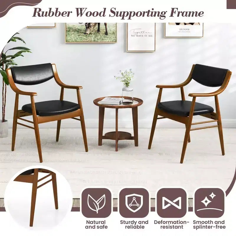 Lot de 2 chaises de salle à manger en cuir avec assise et dossier rembourrés, accoudoirs, structure en bois d'hévéa Noir/Marron