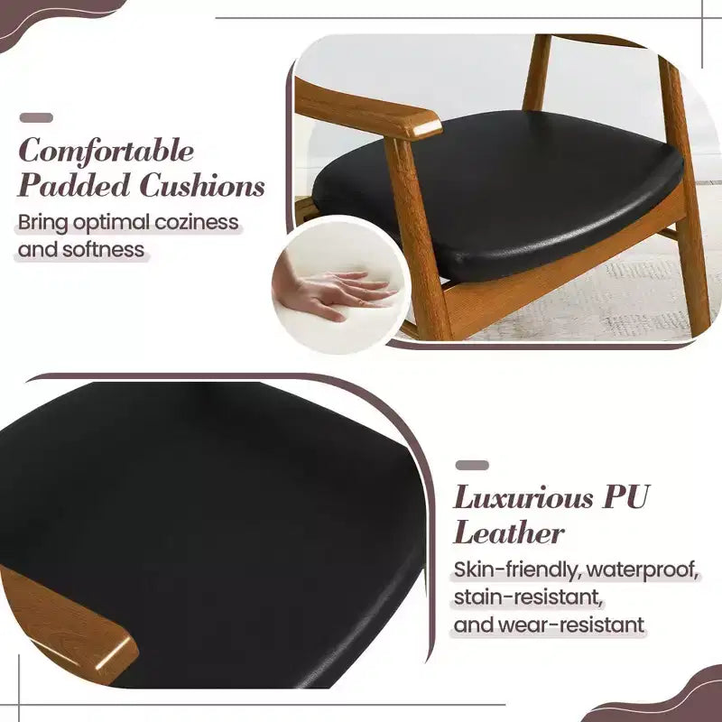 Lot de 2 chaises de salle à manger en cuir avec assise et dossier rembourrés, accoudoirs, structure en bois d'hévéa Noir/Marron
