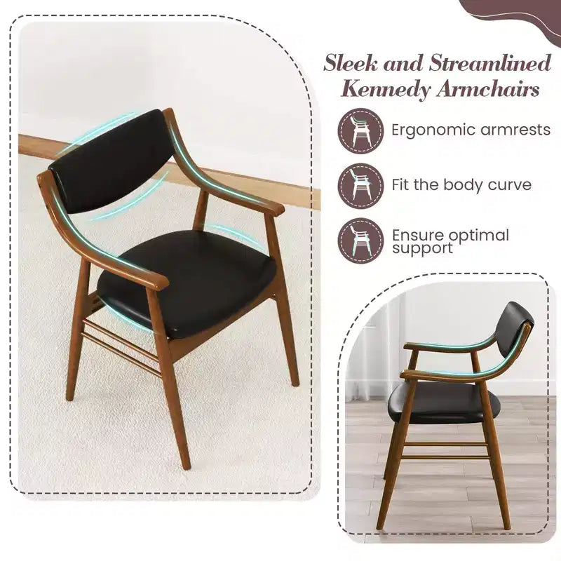 Lot de 2 chaises de salle à manger en cuir avec assise et dossier rembourrés, accoudoirs, structure en bois d'hévéa Noir/Marron