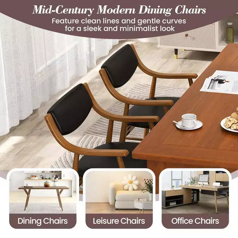 Lot de 2 chaises de salle à manger en cuir avec assise et dossier rembourrés, accoudoirs, structure en bois d'hévéa Noir/Marron