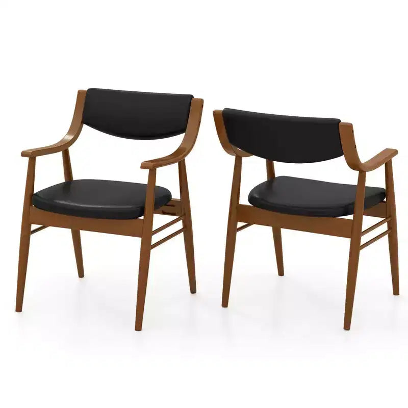 Costway PU Leather Dining Chair Set of 2 with Padded Seat &amp; Back Armrests Rubber Wood Frame Black/Brown
