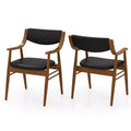 Costway PU Leather Dining Chair Set of 2 with Padded Seat &amp; Back Armrests Rubber Wood Frame Black/Brown