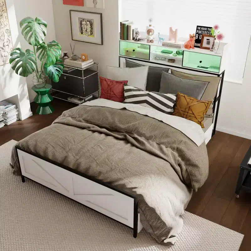 Famapy White Queen - Sized Contemporary Bed Frame: Adjustable Illumination, Spacious Under - Bed Drawer for Storage, Ensuring Stable and Cozy Sleep