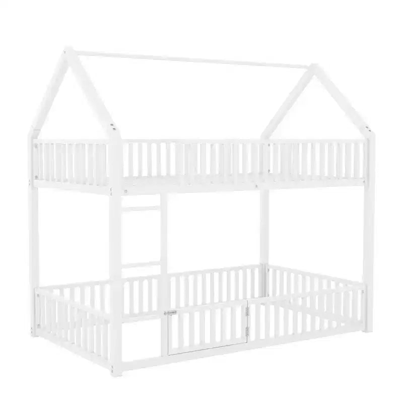 Lit superposé cabane en métal, jumeau sur jumeau, avec clôture et porte