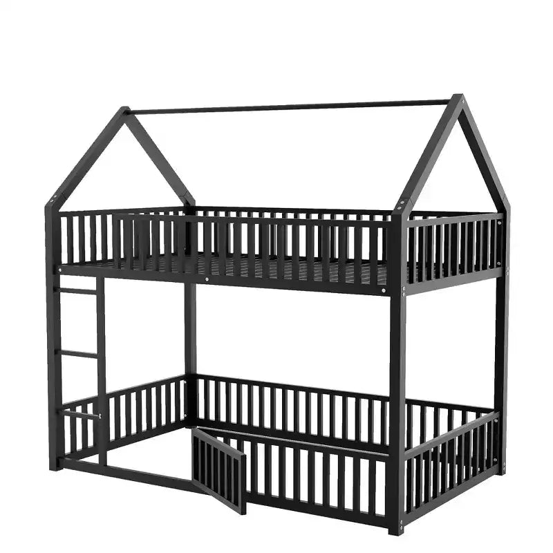 Lit superposé cabane en métal, jumeau sur jumeau, avec clôture et porte