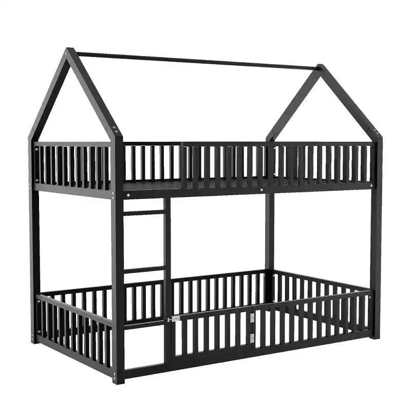 Lit superposé cabane en métal, jumeau sur jumeau, avec clôture et porte